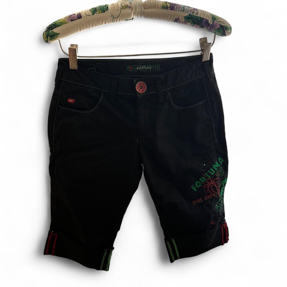 Miss Sixty black denim capri pants with butterfly embroidery